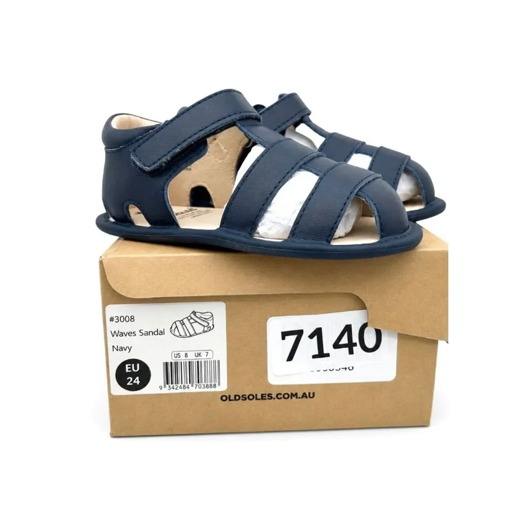 Toddler Boys Closed Toe Sandals Size 8 Navy Leather Water Shoes Hook Loop EU 24